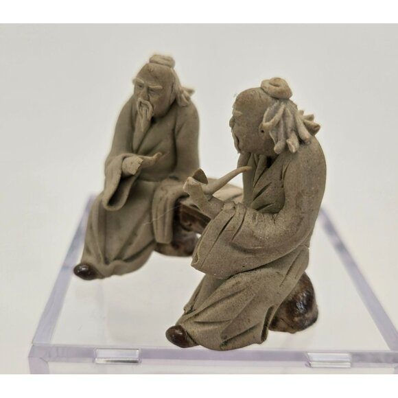 Vintage Chinese Mudman Figurine Pair Sitting on Bench Smoking Pipe je155 - Picture 3 of 12